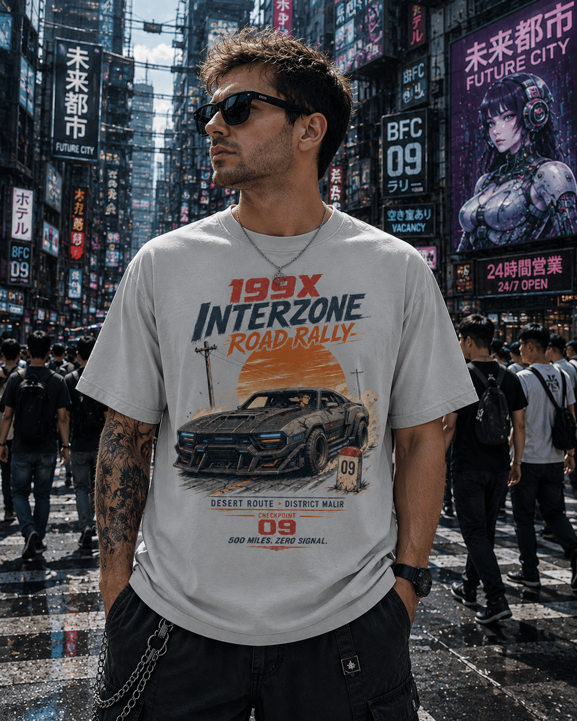 A man wearing a light gray graphic t-shirt with a '199x Interzone Road & Rally' car print, standing in a busy, neon-lit city street resembling Tokyo's Shibuya.