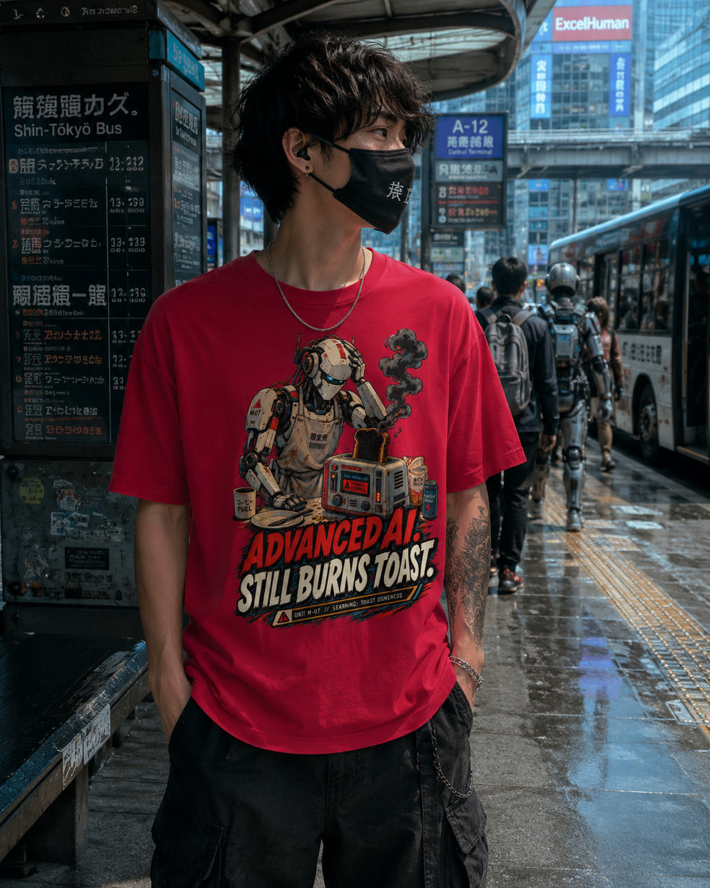 A man wearing a bright red graphic t-shirt with a robot and the text 'ADVANCED AI. STILL BURNS TOAST.