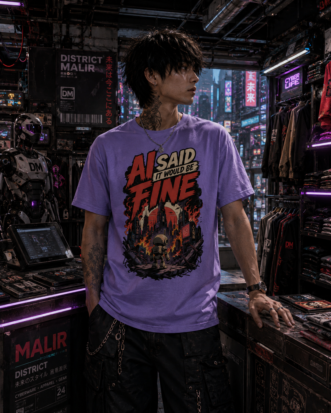 A man wearing a purple graphic t-shirt with a 'ALSAID IT WOULD BE FINE' design, standing in a cyberpunk-themed clothing store with neon lights and sci-fi props.