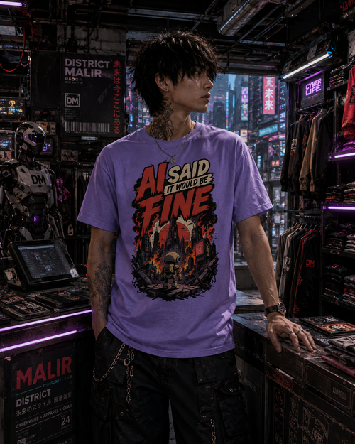 A man wearing a purple graphic t-shirt with a 'ALSAID IT WOULD BE FINE' design, standing in a cyberpunk-themed clothing store with neon lights and sci-fi props.
