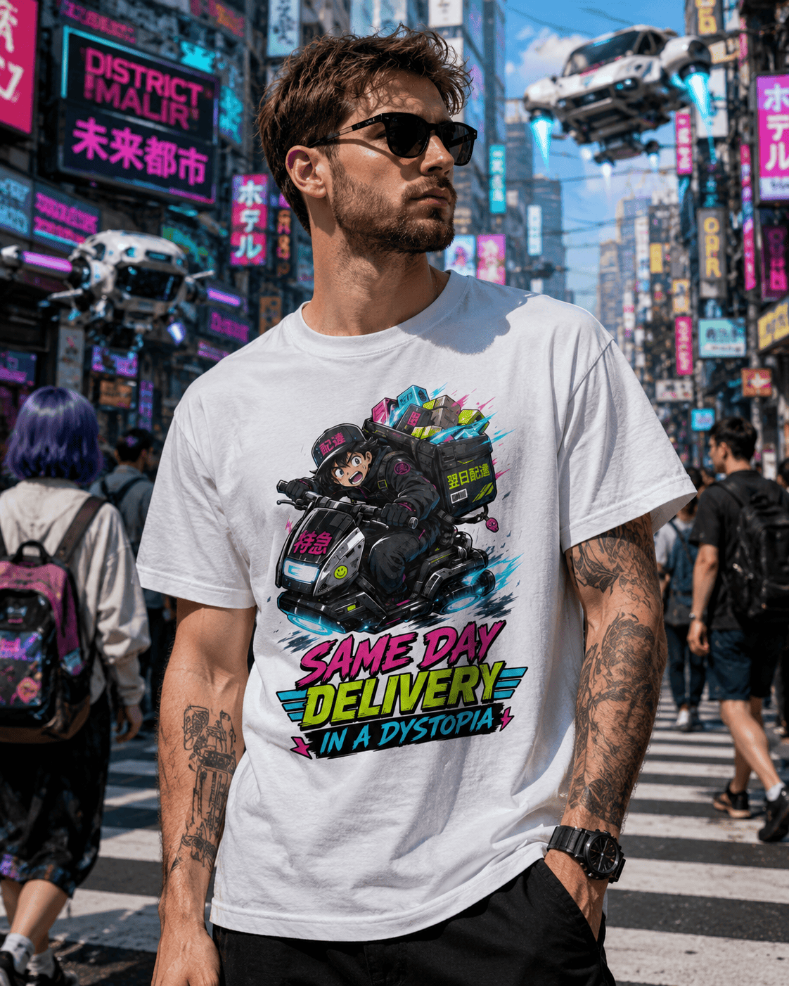 A man wearing a white graphic t-shirt with a cyberpunk delivery character design and the text 'SAME DAY DELIVERY IN A DYSTOPIA', standing in a busy neon-lit city street.