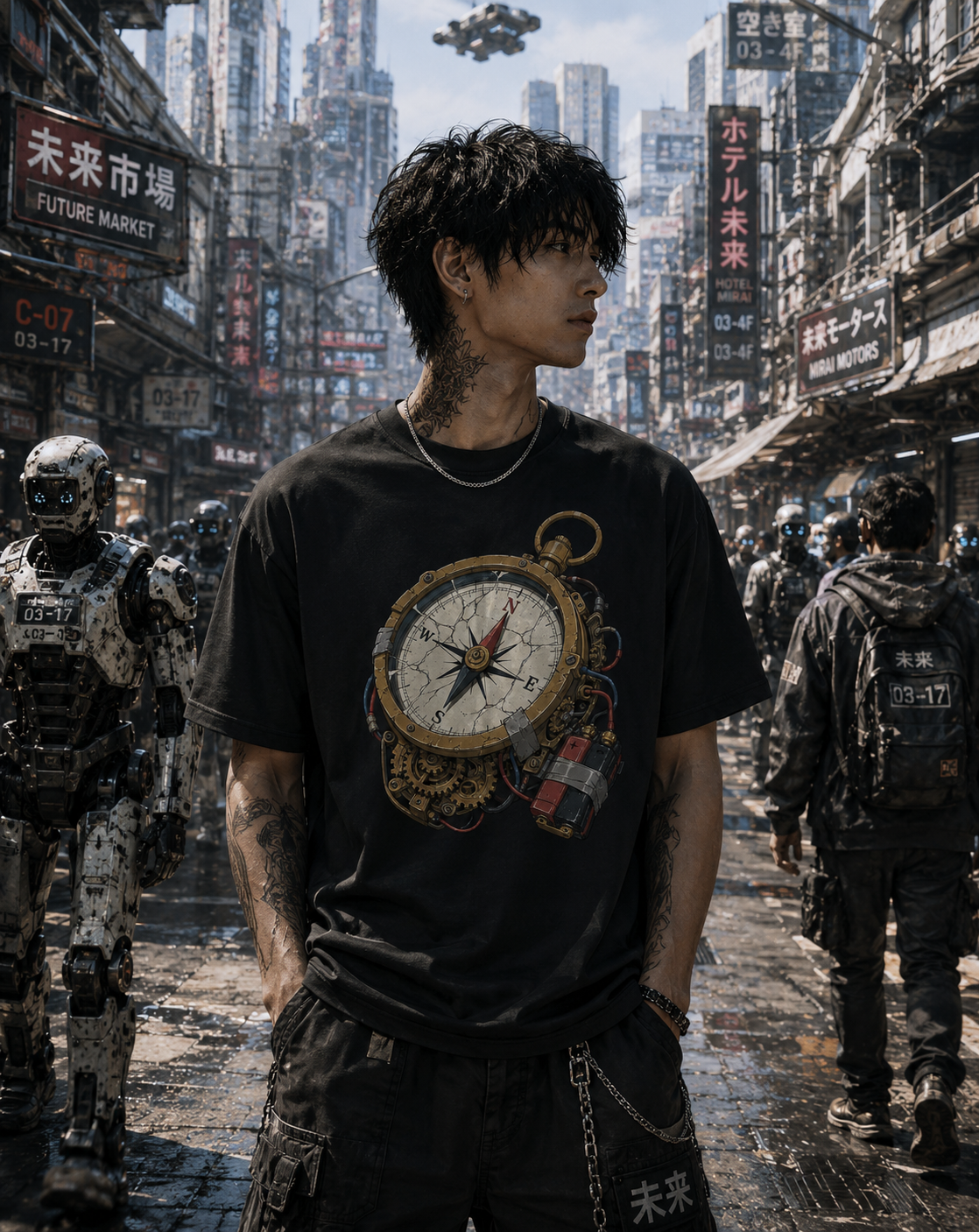 A man stands in a futuristic city street wearing a black graphic T-shirt with a large compass design on the front, dark cargo pants, and a silver chain necklace. Robots and tall buildings with Japanese signage fill the background.