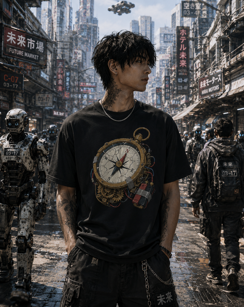 A man stands in a futuristic city street wearing a black graphic T-shirt with a large compass design on the front, dark cargo pants, and a silver chain necklace. Robots and tall buildings with Japanese signage fill the background.