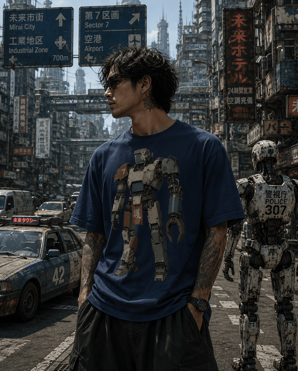 A man wearing a navy blue graphic t-shirt with a detailed robot design, standing in a detailed, futuristic cyberpunk city street scene with robots and signs.