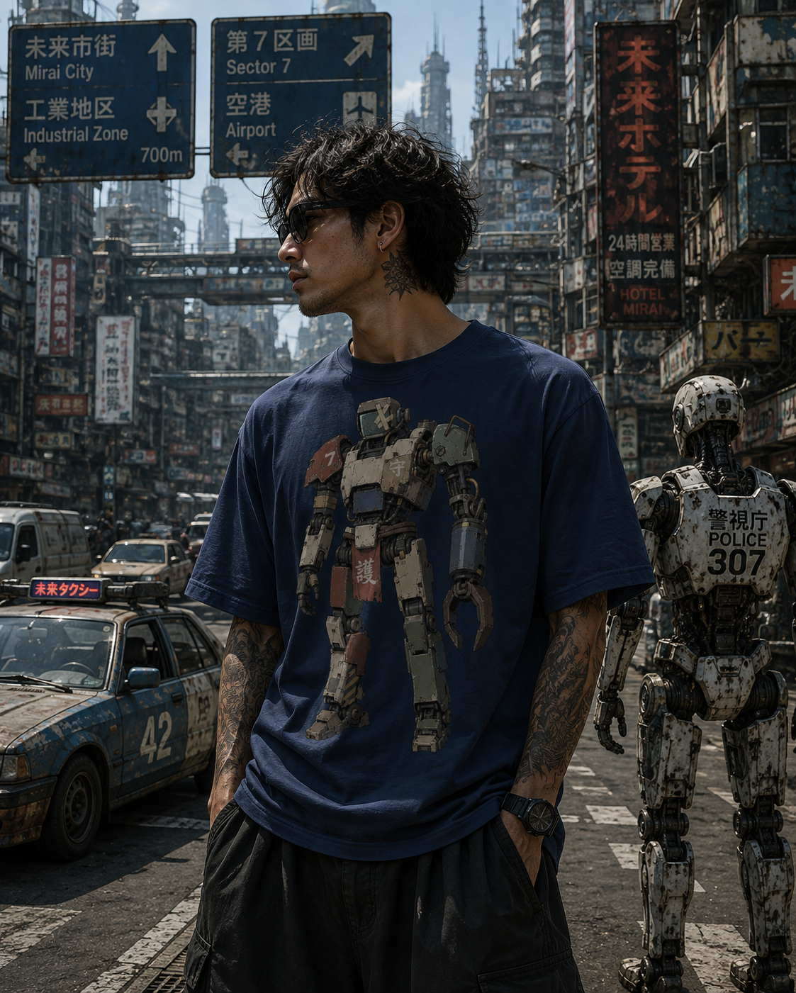 A man wearing a navy blue graphic t-shirt with a detailed robot design, standing in a detailed, futuristic cyberpunk city street scene with robots and signs.