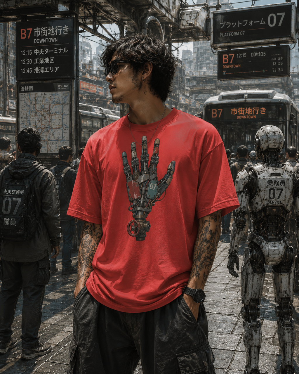 A man wearing a red crewneck t-shirt with a large metallic robotic hand graphic on the front, standing in a detailed, gritty sci-fi city street scene with buses and robots.