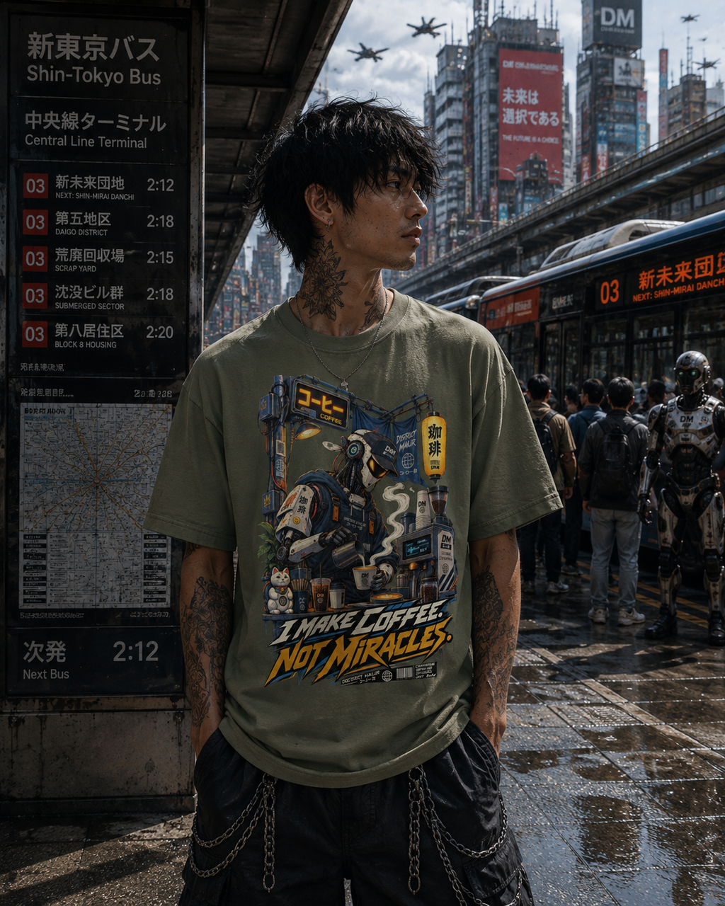 I Make Coffee Not Miracles T-Shirt #4 – Funny Robot Barista Cyberpunk Graphic Tee | Comfort Colors 1717