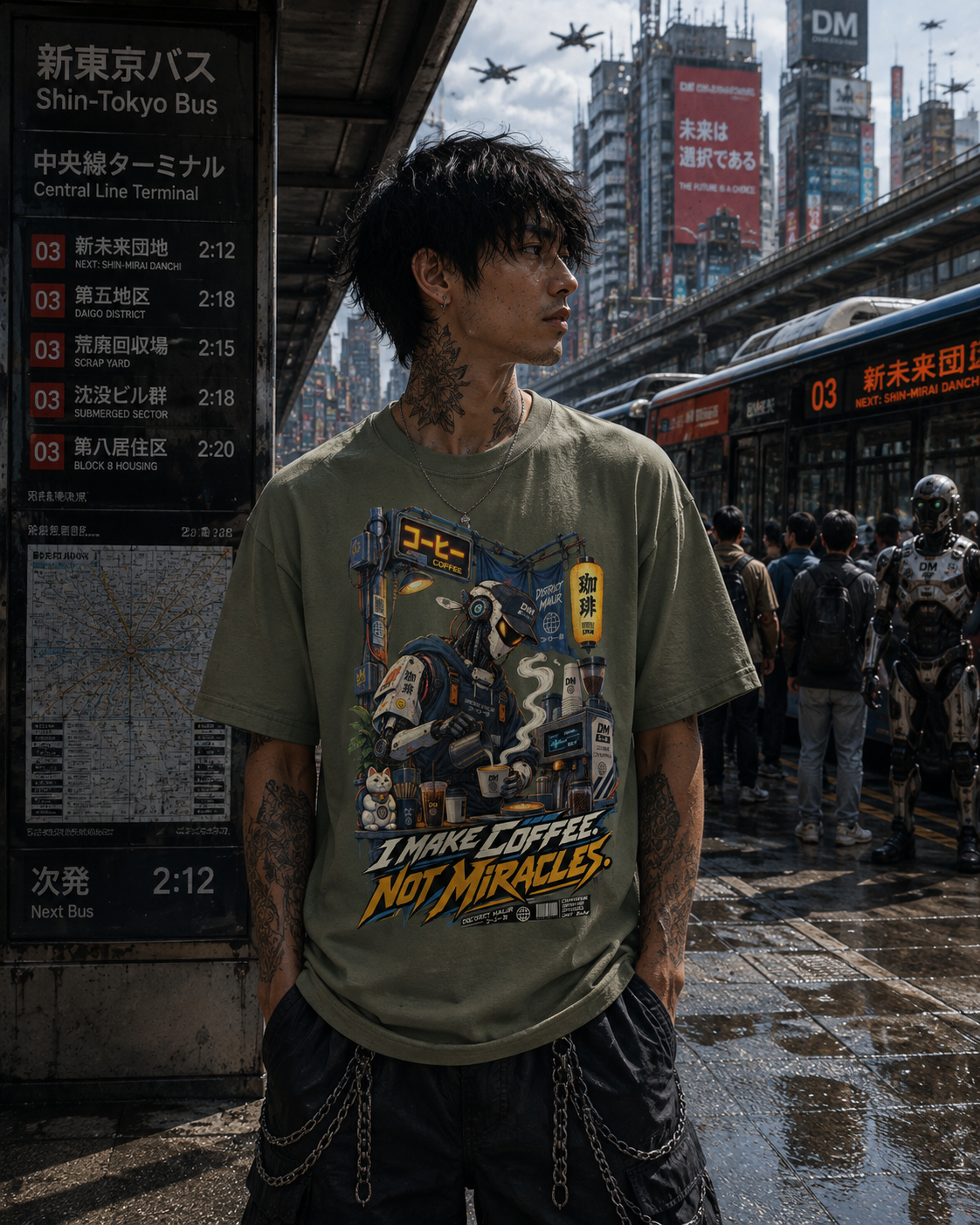 I Make Coffee Not Miracles T-Shirt #4 – Funny Robot Barista Cyberpunk Graphic Tee | Comfort Colors 1717