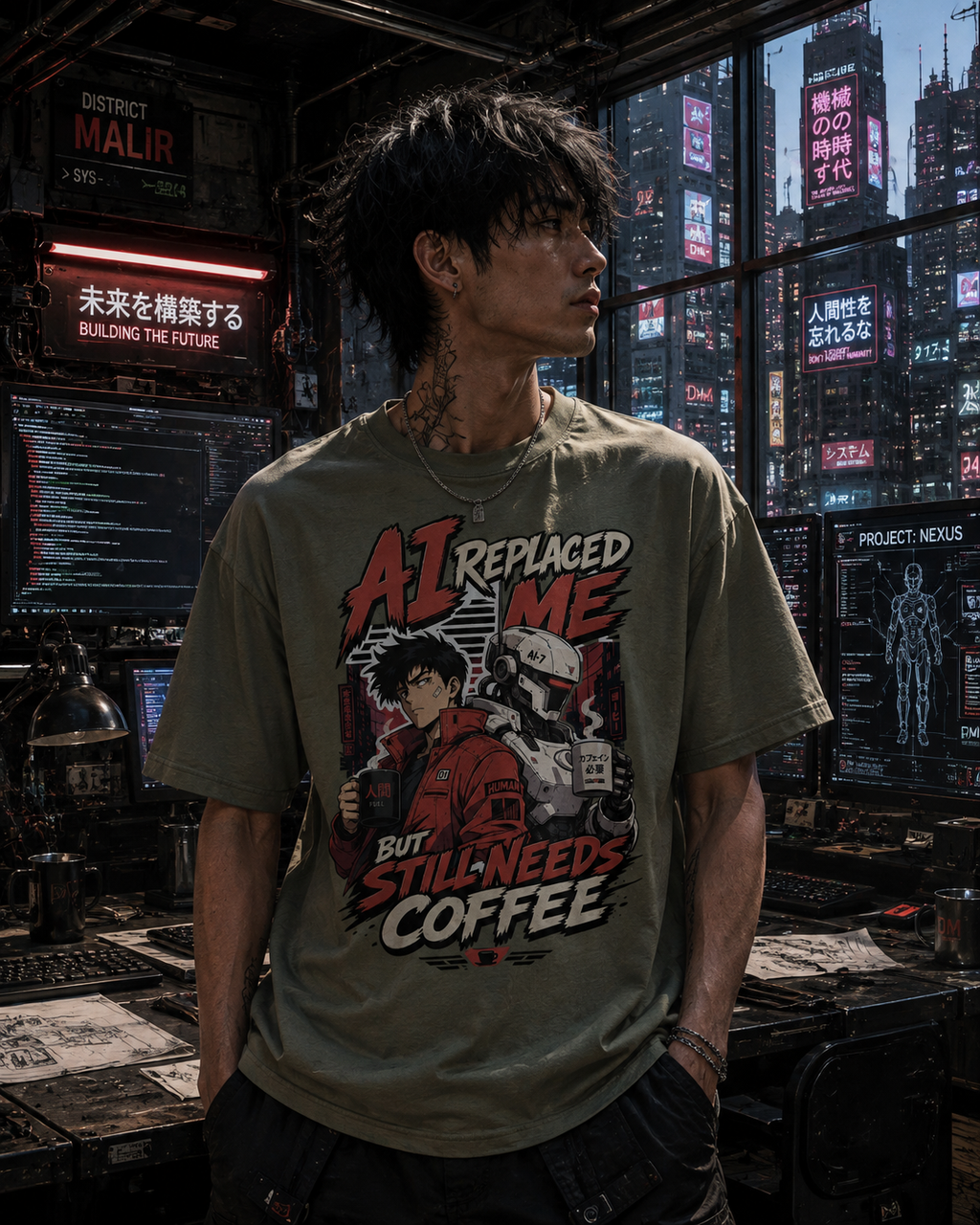 AI Replaced Me But Still Needs Coffee T-Shirt – Funny AI Coffee Cyberpunk Graphic Tee | Comfort Colors 1717