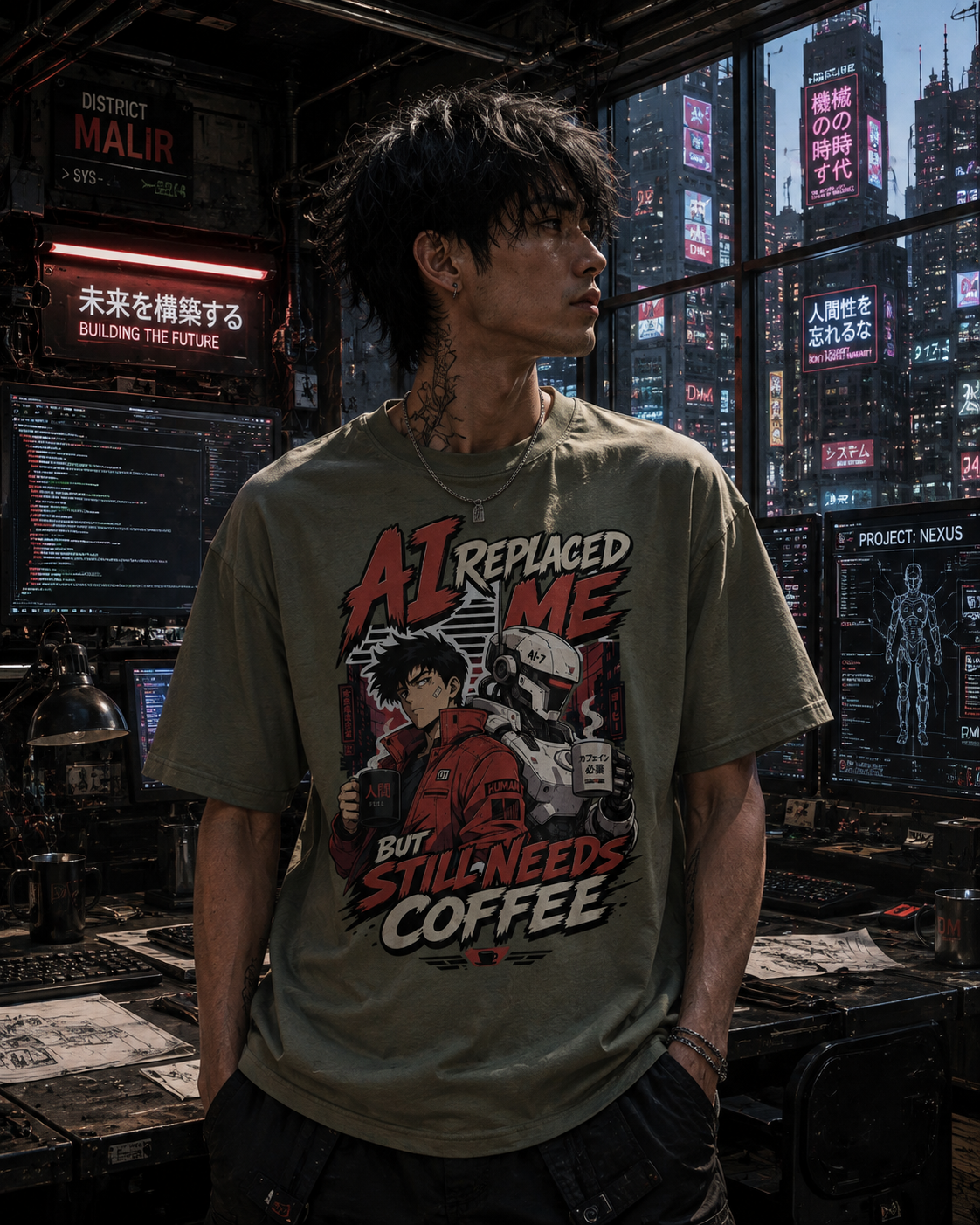 AI Replaced Me But Still Needs Coffee T-Shirt – Funny AI Coffee Cyberpunk Graphic Tee | Comfort Colors 1717