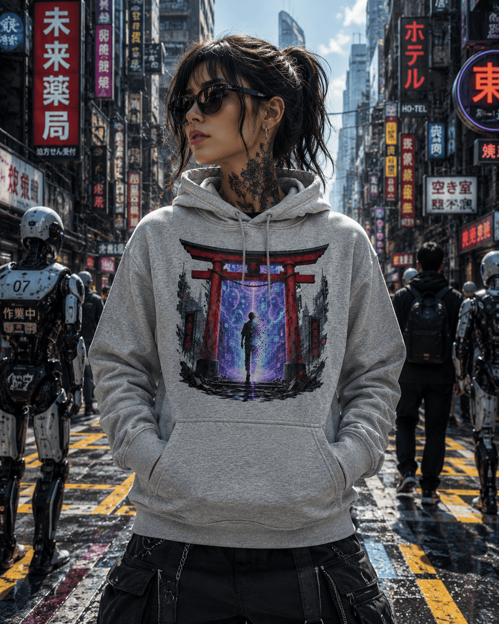 Digital Torii Cyberpunk Hoodie – Japanese AI Portal Futuristic Streetwear | Cotton Heritage M2580