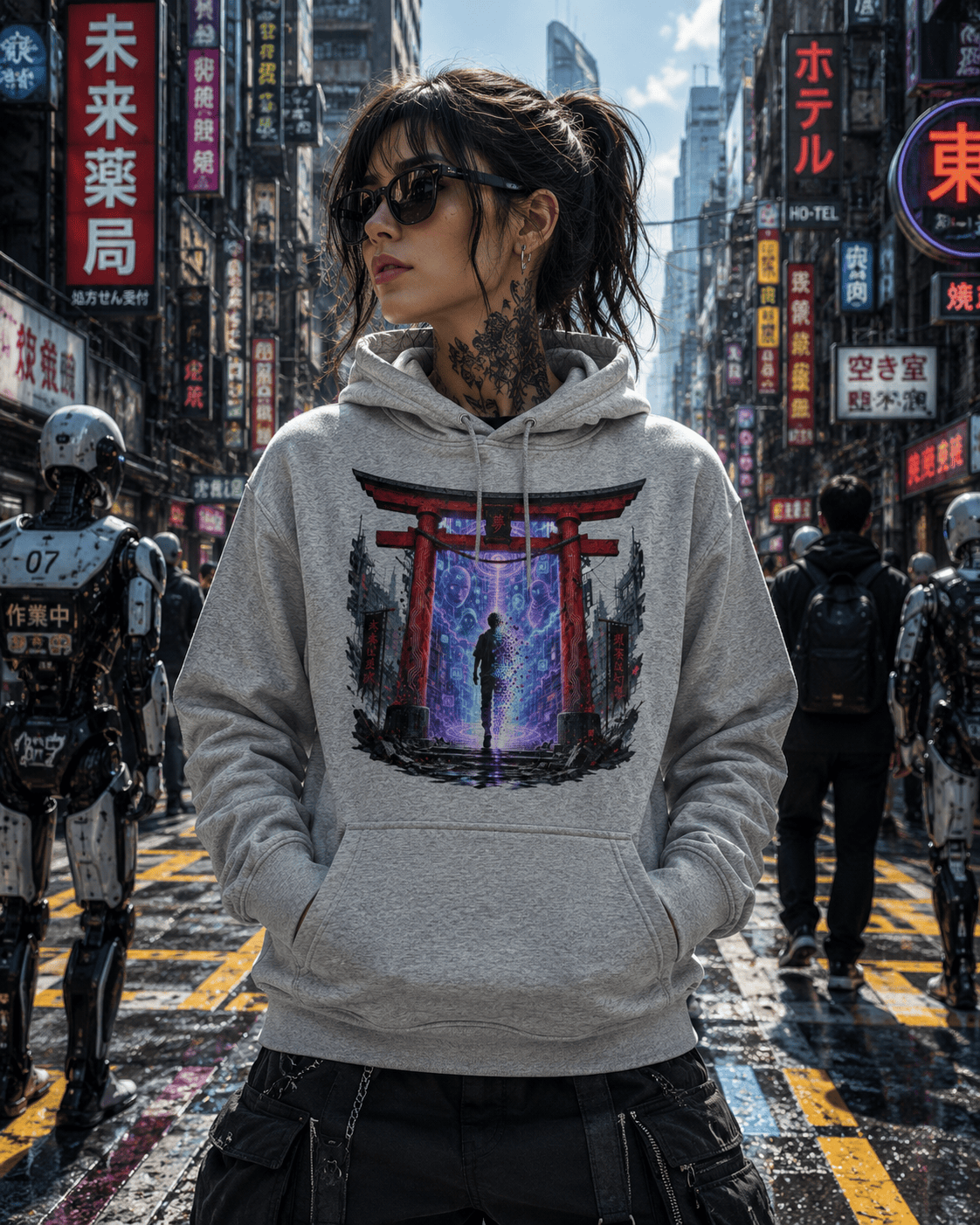 Digital Torii Cyberpunk Hoodie – Japanese AI Portal Futuristic Streetwear | Cotton Heritage M2580
