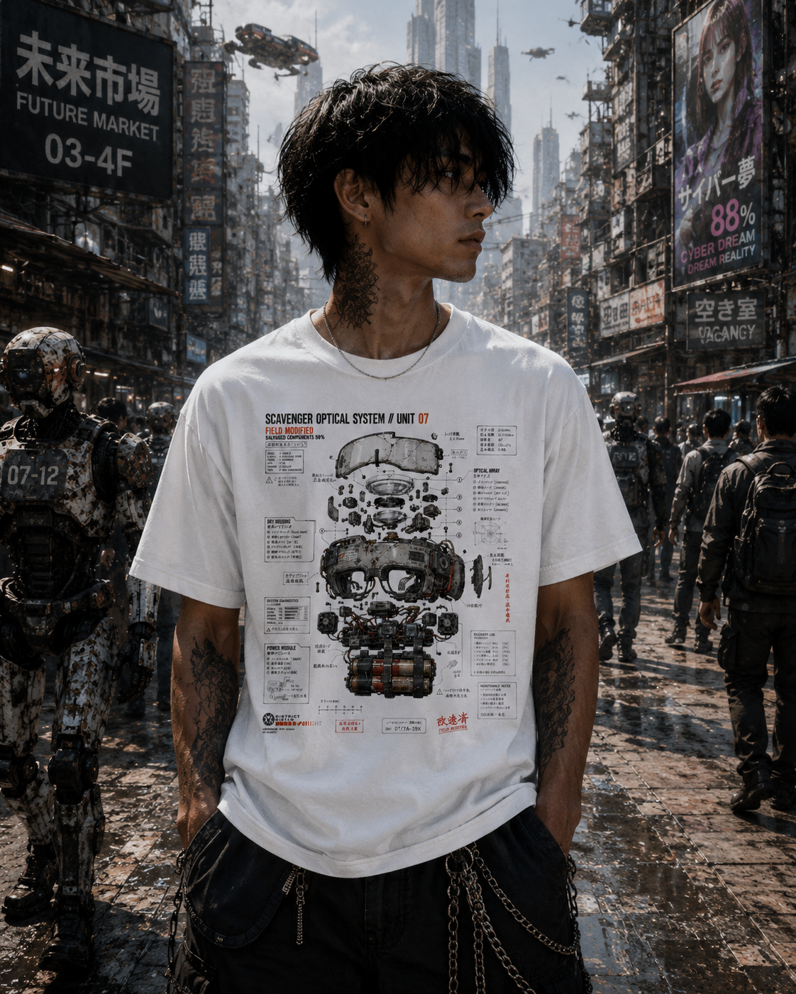 A man wearing a white graphic t-shirt with a detailed schematic print of a 'Scanner Optical System Unit 8F' stands in a detailed, gritty sci-fi city street scene.