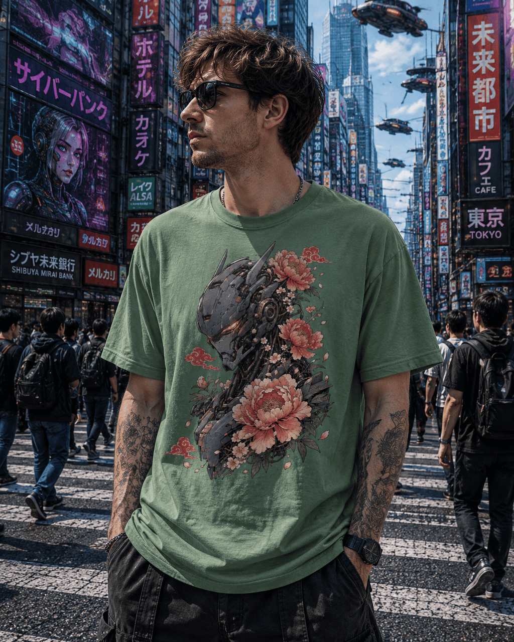 A man wearing a sage green graphic t-shirt with a detailed print of a cybernetic robot head and pink flowers, standing on a busy street in a futuristic city with neon signs and flying vehicles.