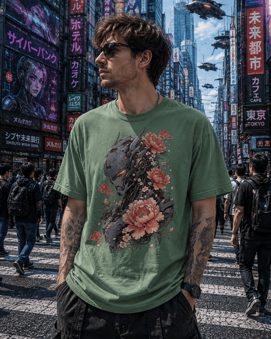 A man wearing a sage green graphic t-shirt with a detailed print of a cybernetic robot head and pink flowers, standing on a busy street in a futuristic city with neon signs and flying vehicles.