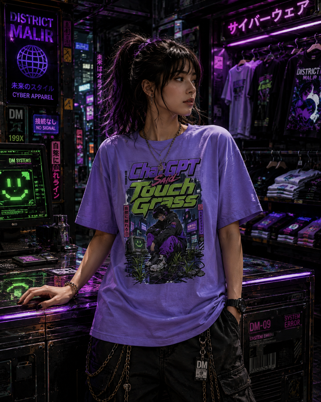 A model wearing a purple graphic t-shirt with 'Cyberpunk Touch Grass' text and a cyberpunk-themed illustration, standing in a neon-lit clothing store.