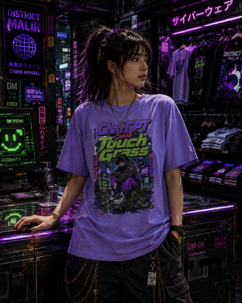 A model wearing a purple graphic t-shirt with 'Cyberpunk Touch Grass' text and a cyberpunk-themed illustration, standing in a neon-lit clothing store.