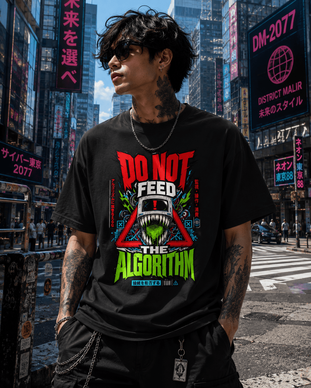 A man wearing a black graphic t-shirt with a green and red 'DO NOT FEED THE ALGORITHM' design, standing in a busy city street with neon signs.