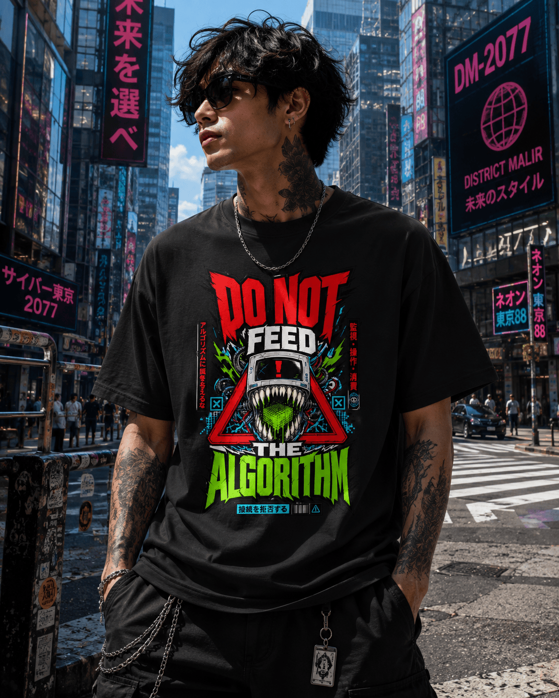A man wearing a black graphic t-shirt with a green and red 'DO NOT FEED THE ALGORITHM' design, standing in a busy city street with neon signs.