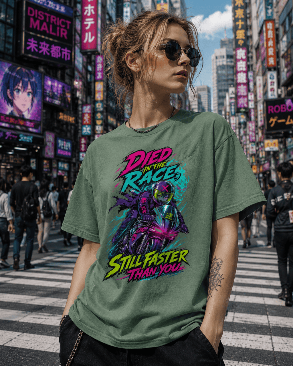 A woman wearing an oversized sage green graphic t-shirt with a colorful neon-style print that reads 'Died in the Race, Still Faster than You', standing in a busy neon-lit city street.