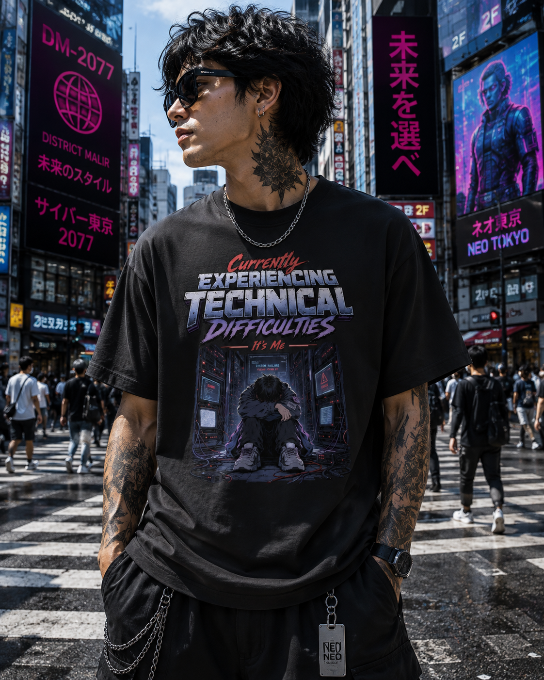 A man wearing a black graphic t-shirt with 'Currently EXPERIENCING TECHNICAL DIFFICULTIES It's Me' printed on the front, standing in a busy Japanese city street with neon signs.
