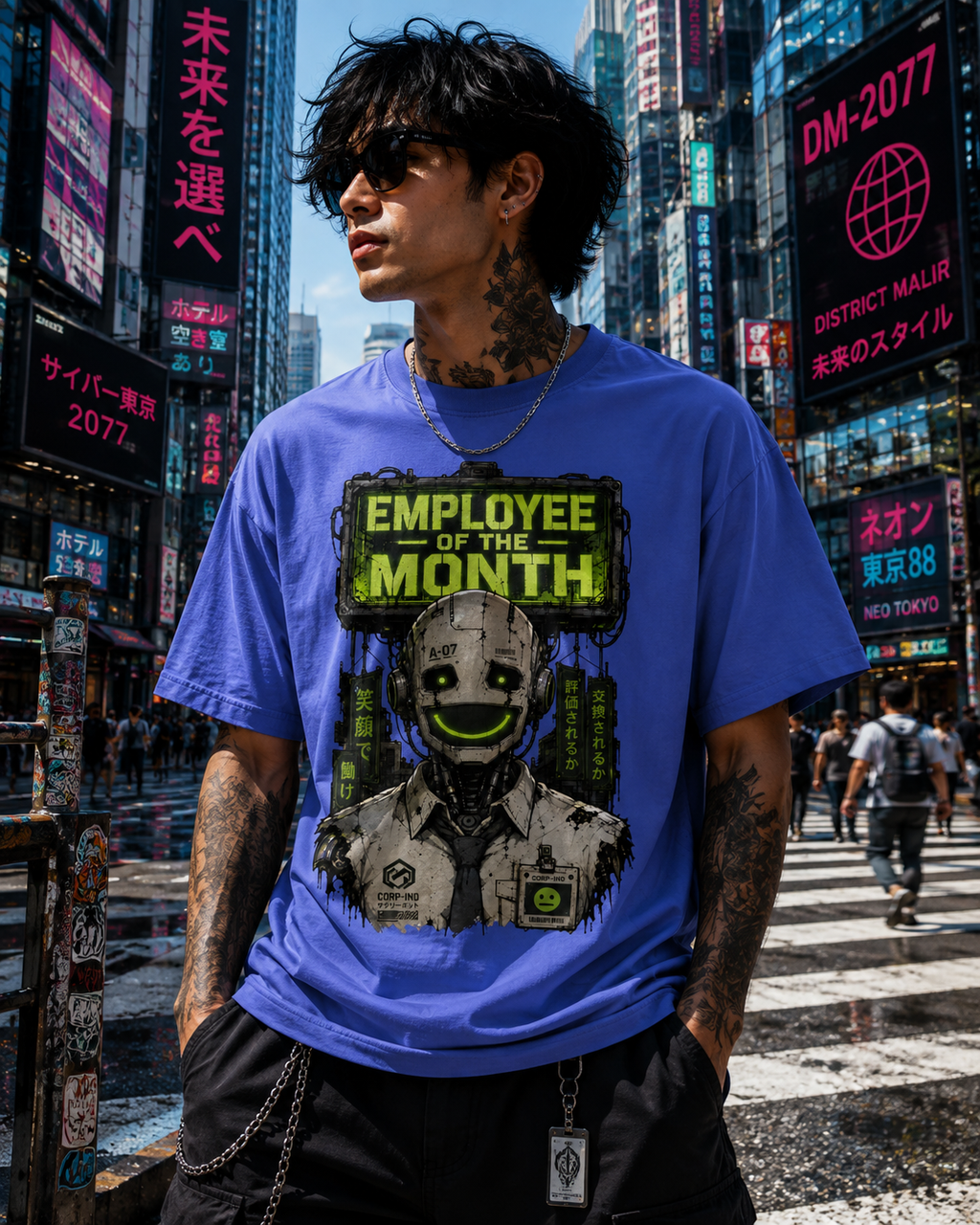 A man wearing a blue graphic t-shirt with a 'Employee of the Month' robot design, standing in a busy Tokyo street with neon signs.