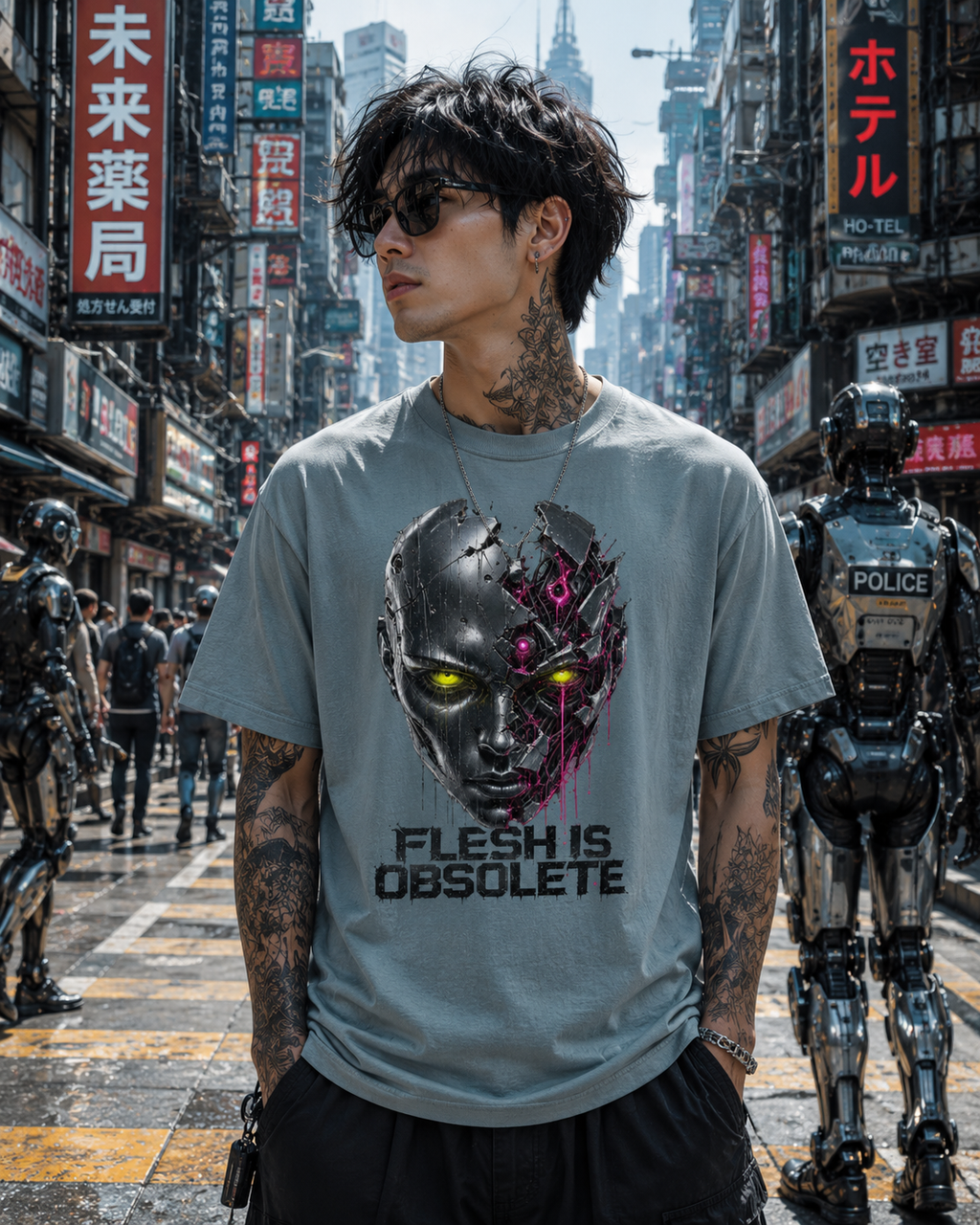 A man wearing a light gray graphic t-shirt with a cybernetic face design and the text 'FLESH IS OBSCLETE', standing in a futuristic city street with robots and neon signs in the background.