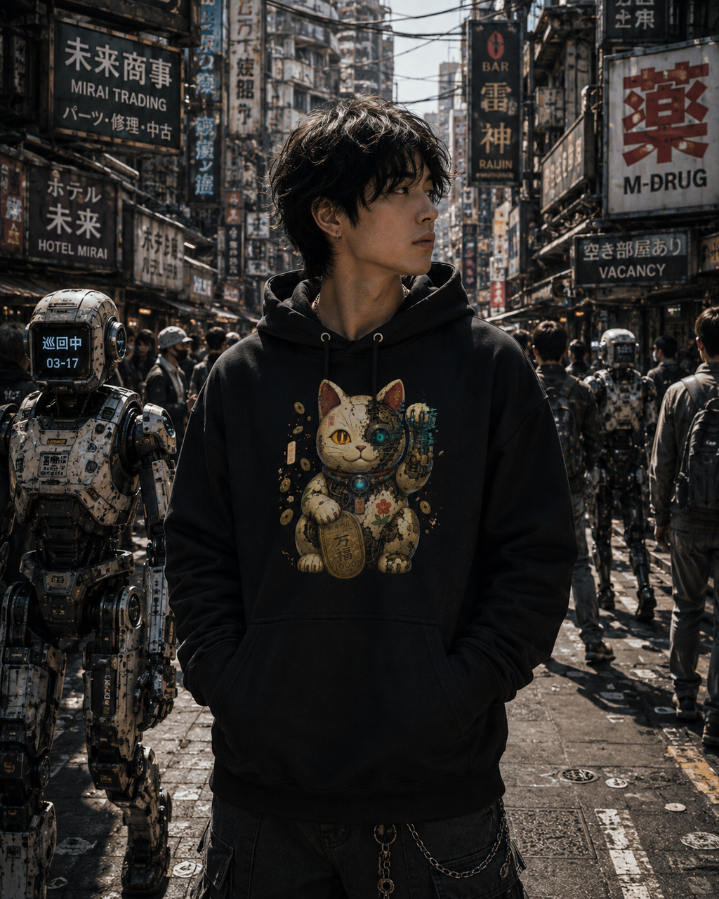 A man wearing a black pullover hoodie with a large graphic of a Japanese maneki-neko (lucky cat) stands in a detailed, futuristic Japanese street filled with robots and signs.