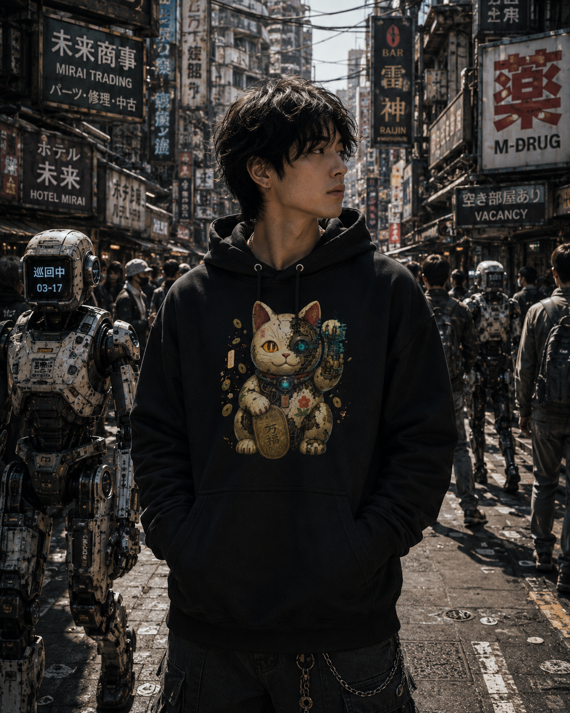 A man wearing a black pullover hoodie with a large graphic of a Japanese maneki-neko (lucky cat) stands in a detailed, futuristic Japanese street filled with robots and signs.