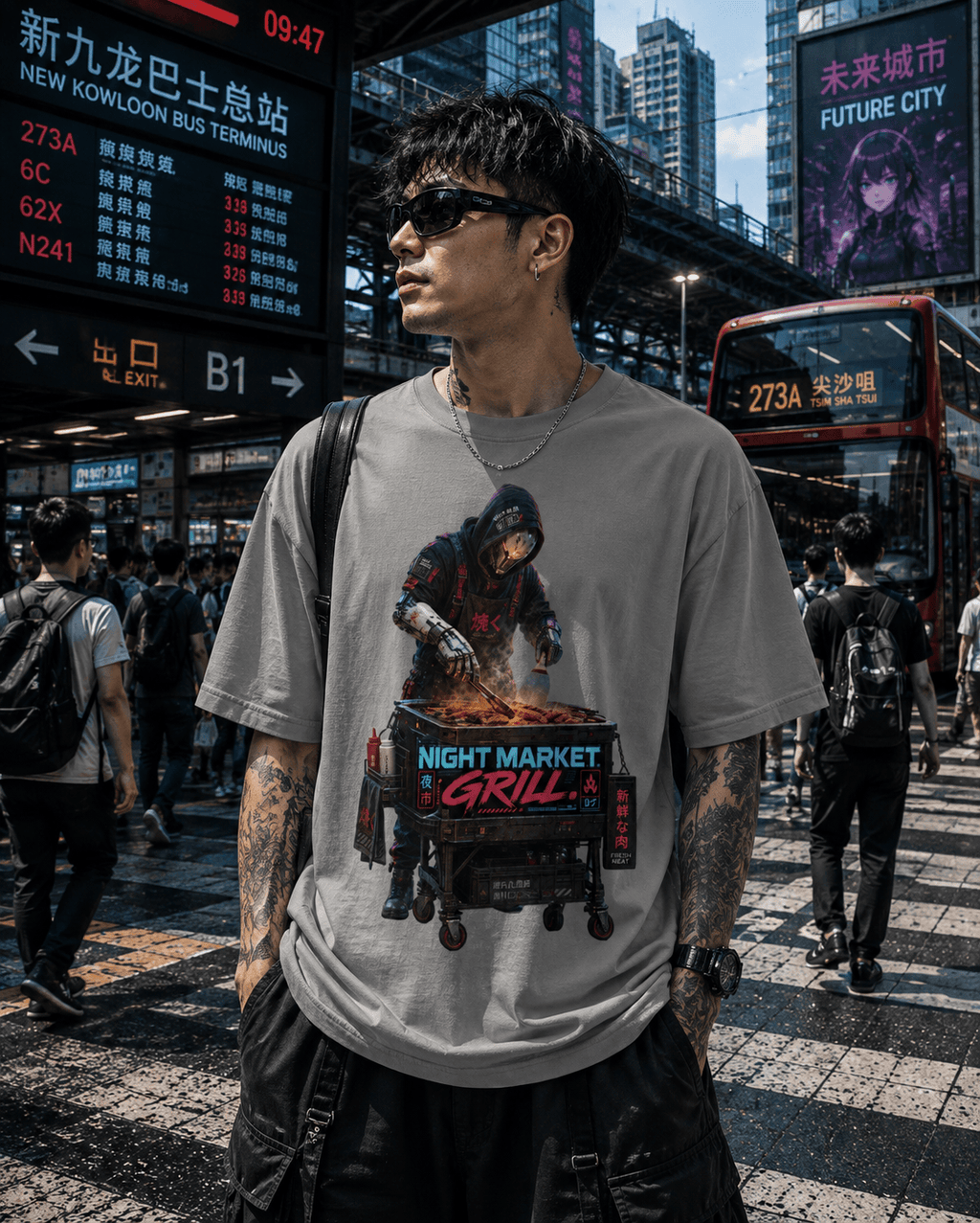 Night Market Grill Cyberpunk T-Shirt – Futuristic Street Food Robot Graphic Tee 