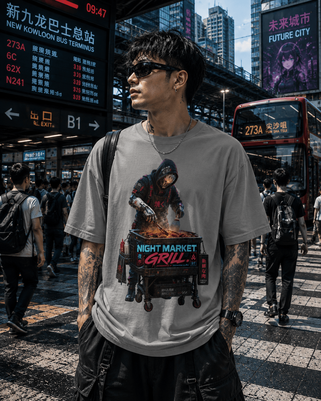 Night Market Grill Cyberpunk T-Shirt – Futuristic Street Food Robot Graphic Tee 