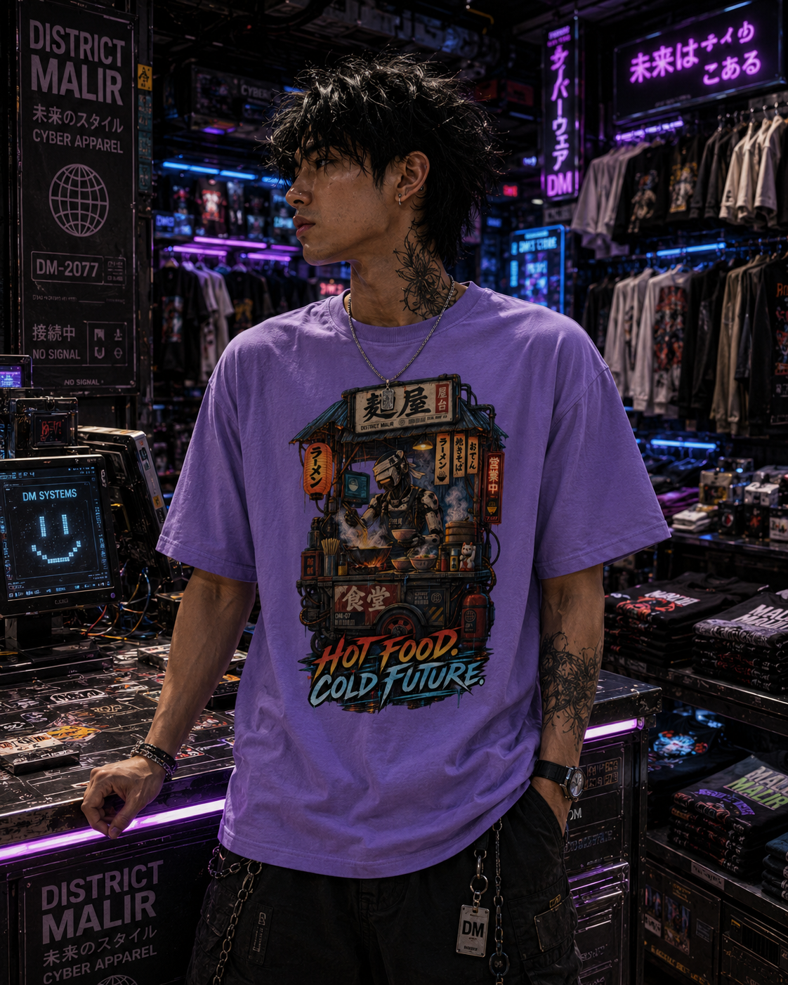 A man wearing a purple graphic t-shirt with a detailed street-art style print and the text 'HOT FOOD COLD FUTURE' in neon-lit urban shop setting.