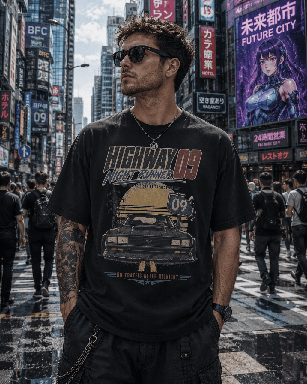 A man wearing a black graphic t-shirt with a 'Highway 09 Night Runner' DeLorean car design, standing in a busy, neon-lit city street.