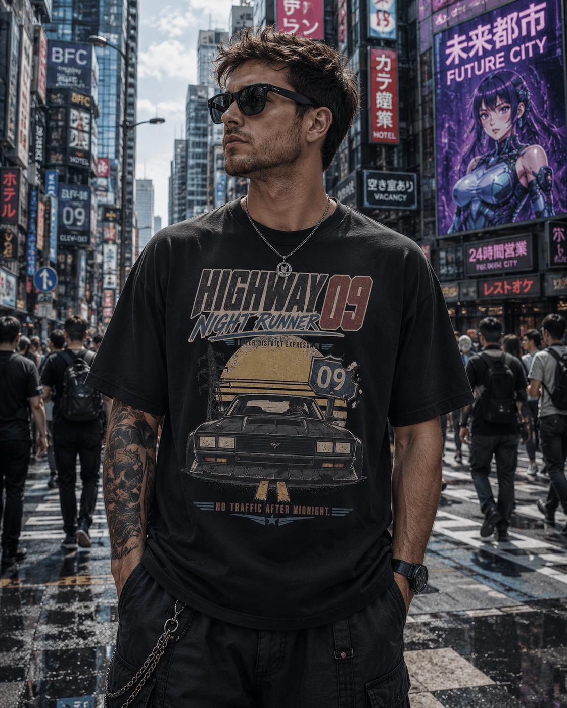 A man wearing a black graphic t-shirt with a 'Highway 09 Night Runner' DeLorean car design, standing in a busy, neon-lit city street.
