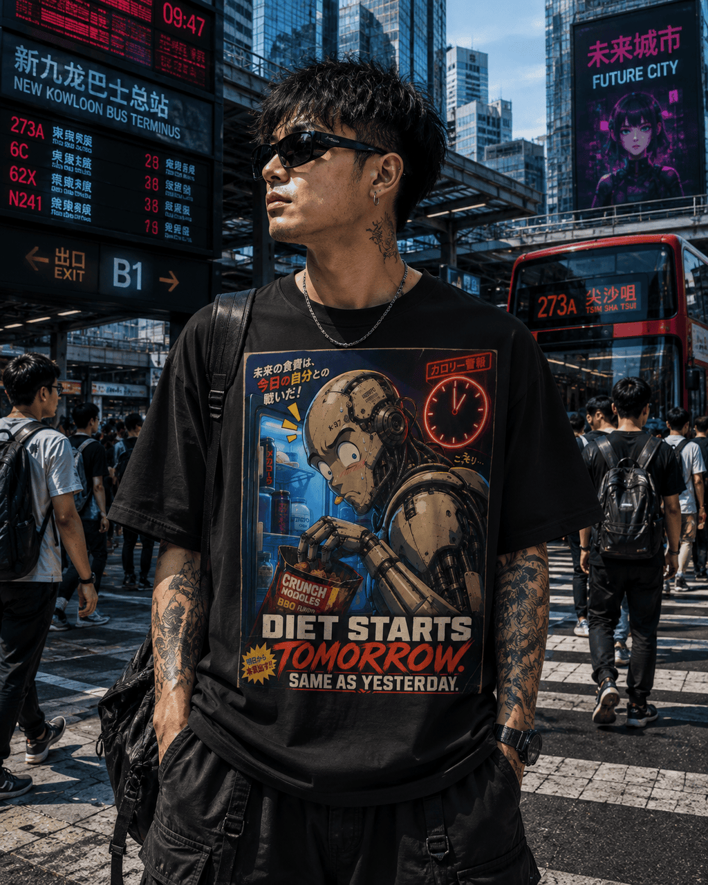 A man wearing a black graphic t-shirt with a retro robot and alarm clock design that reads 'DIET STARTS TOMORROW SAME AS YESTERDAY', standing in a busy city street with a red bus and skyscrapers in the background.