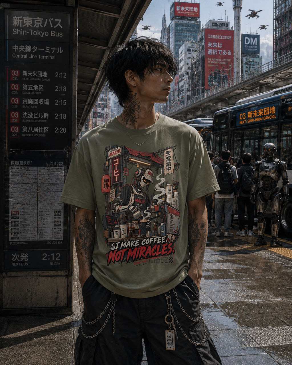 A man with tattoos stands on a Tokyo bus stop wearing an olive green graphic t-shirt with a red and black Japanese street-art design and the text 'I MAKE COFFEE. NOT MIRACLES.