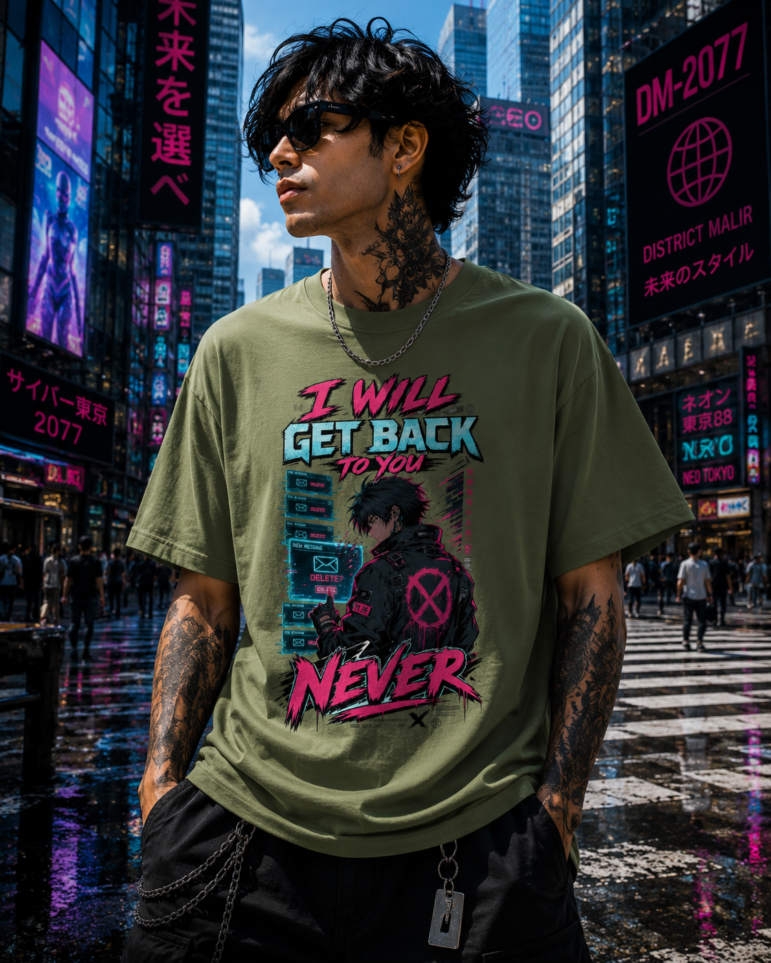 A man wearing a distressed olive green graphic t-shirt with a cyberpunk design that reads 'I WILL GET BACK TO YOU NEVER' in pink, blue, and black. He is standing in a rainy, neon-lit city street resembling Shibuya, Tokyo.