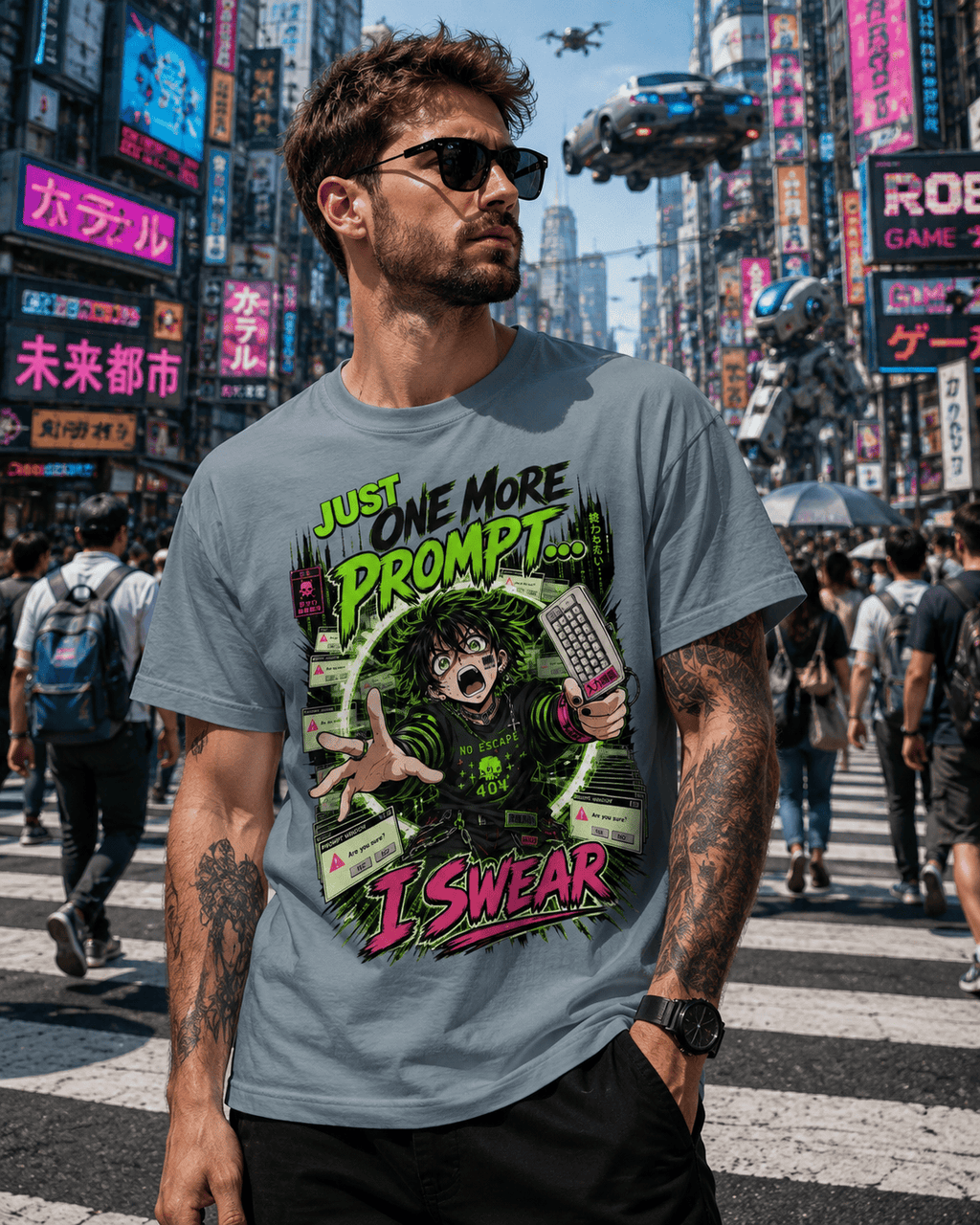 A man wearing a gray graphic t-shirt with a cartoon character and the text 'JUST ONE MORE PROMPT.