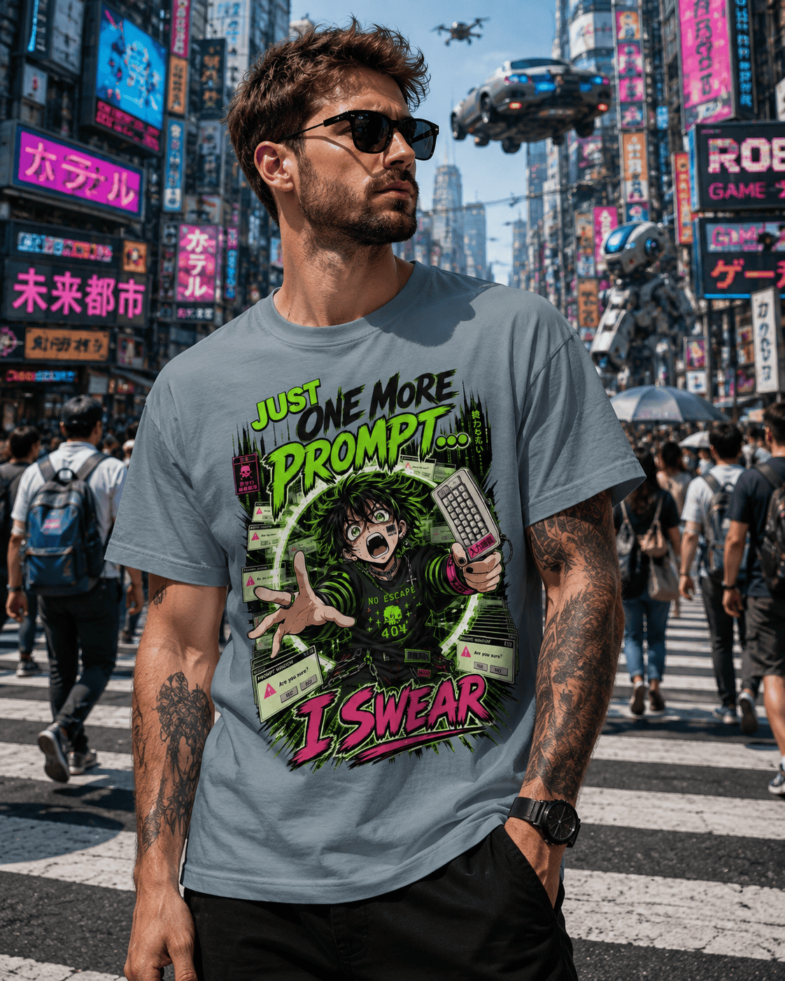A man wearing a gray graphic t-shirt with a cartoon character and the text 'JUST ONE MORE PROMPT.