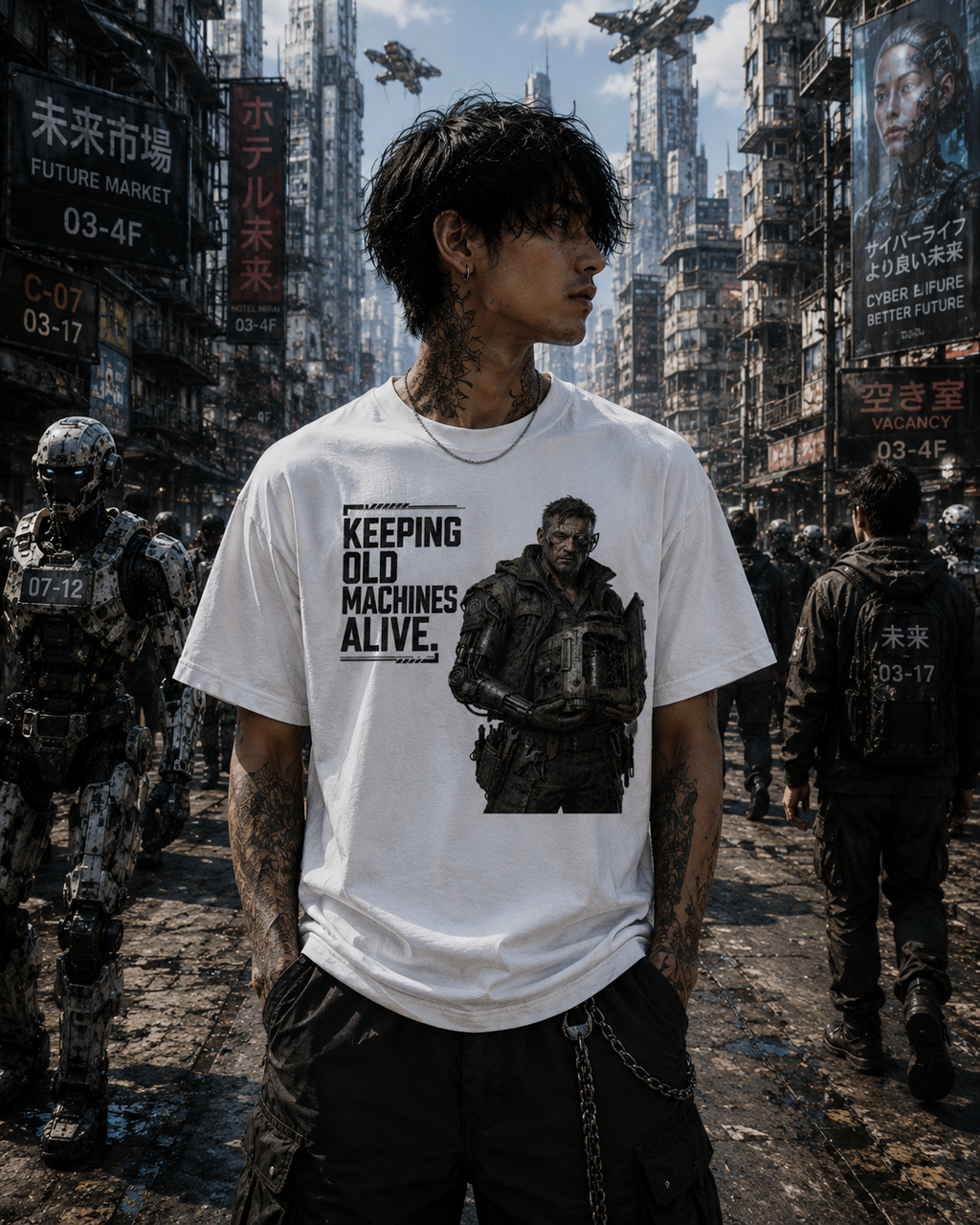 A man wearing a white graphic t-shirt with the text 'KEEPING OLD MACHINES ALIVE.' and a black-and-white print of a soldier, standing in a futuristic city street with soldiers and tall buildings in the background.