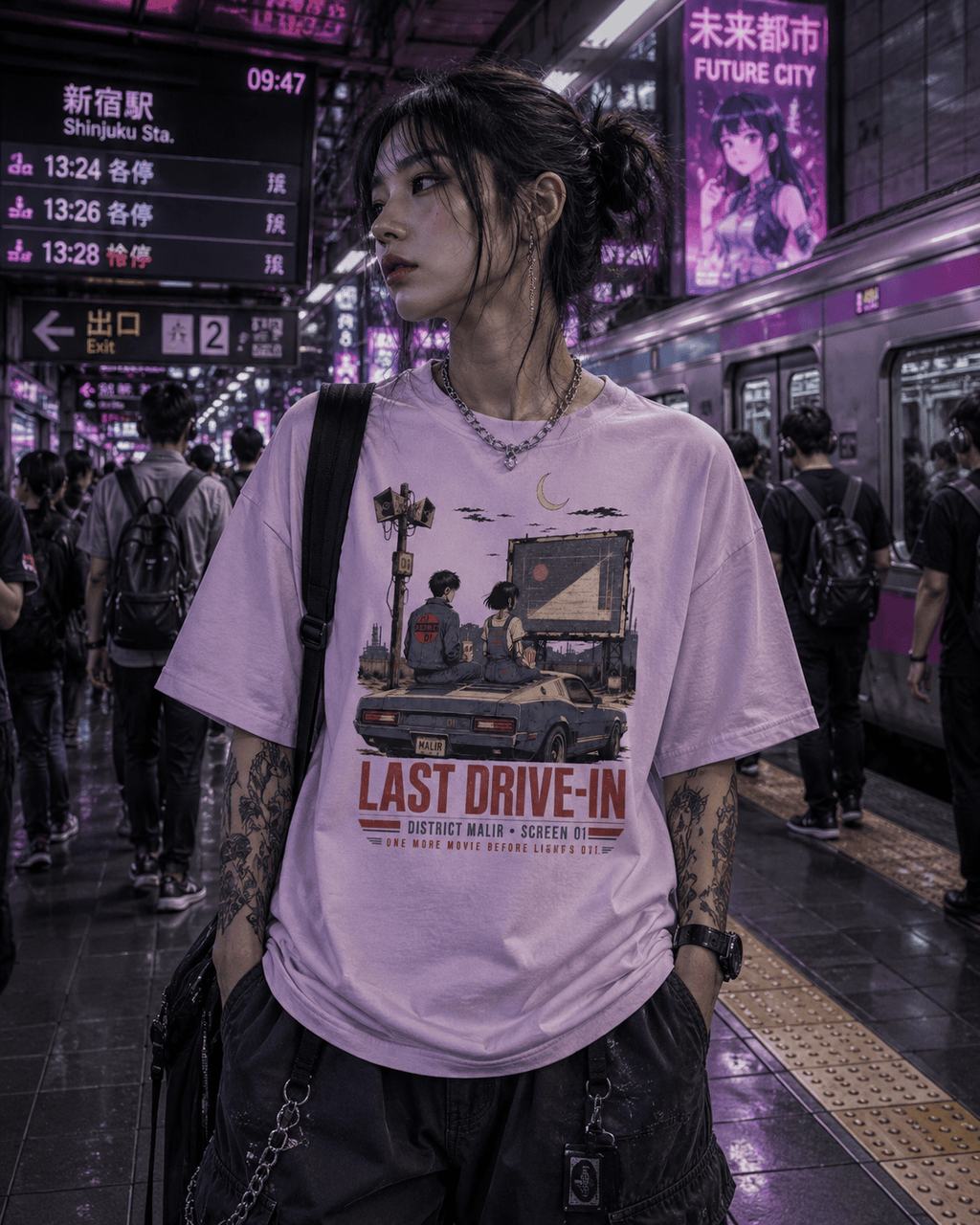 A woman standing on a Tokyo train platform wearing a light pink graphic t-shirt with a retro car scene and the text 'LAST DRIVE-IN'.