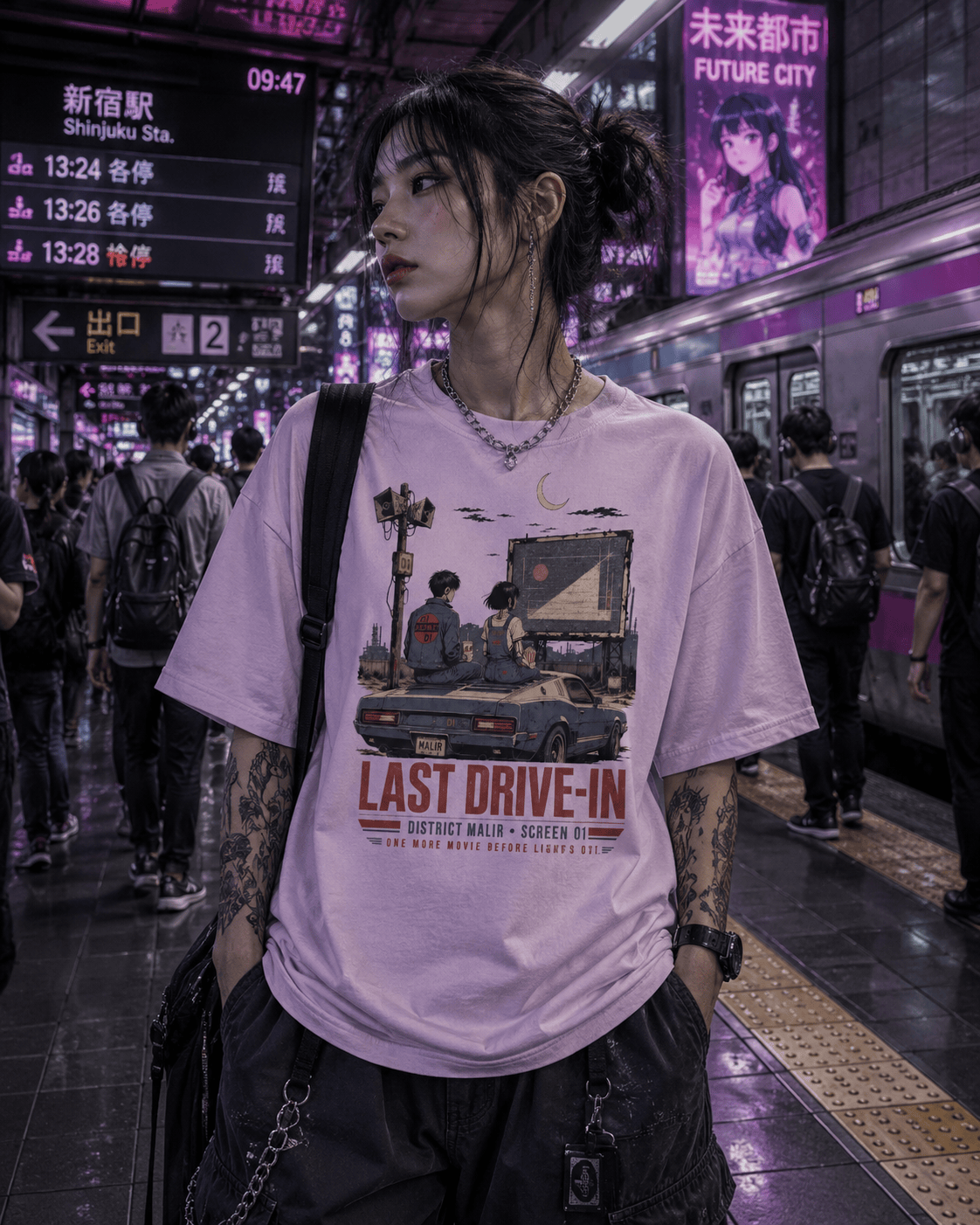A woman standing on a Tokyo train platform wearing a light pink graphic t-shirt with a retro car scene and the text 'LAST DRIVE-IN'.