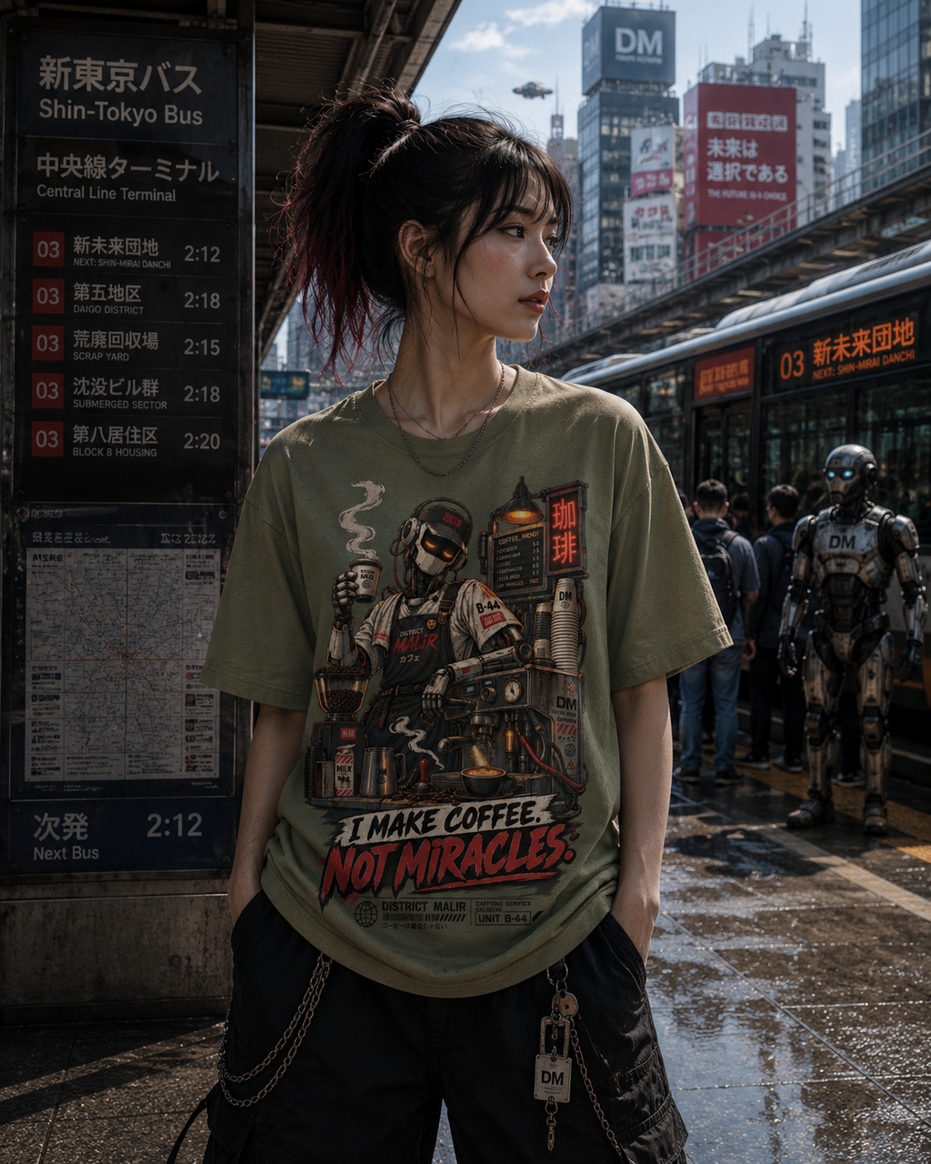 A woman stands on a Tokyo subway platform wearing an olive green graphic t-shirt with a cyberpunk soldier design and the text 'I MAKE COFFEE. NOT MIRACLES.