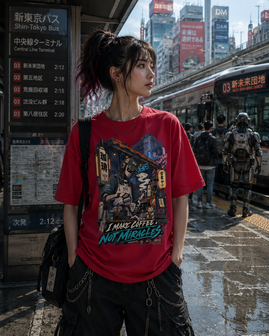 A woman standing on a Tokyo bus platform wearing a red graphic t-shirt with a Japanese street art print and the text 'I MAKE COFFEE NOT MIRACLES'.