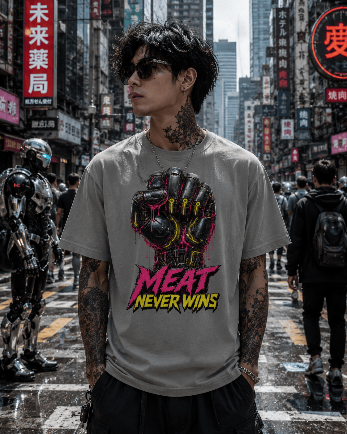 A man wearing a gray graphic t-shirt with a raised fist design and the text 'MEAT NEVER WINS' in pink and yellow, standing in a busy city street with neon signs and a robot statue in the background.