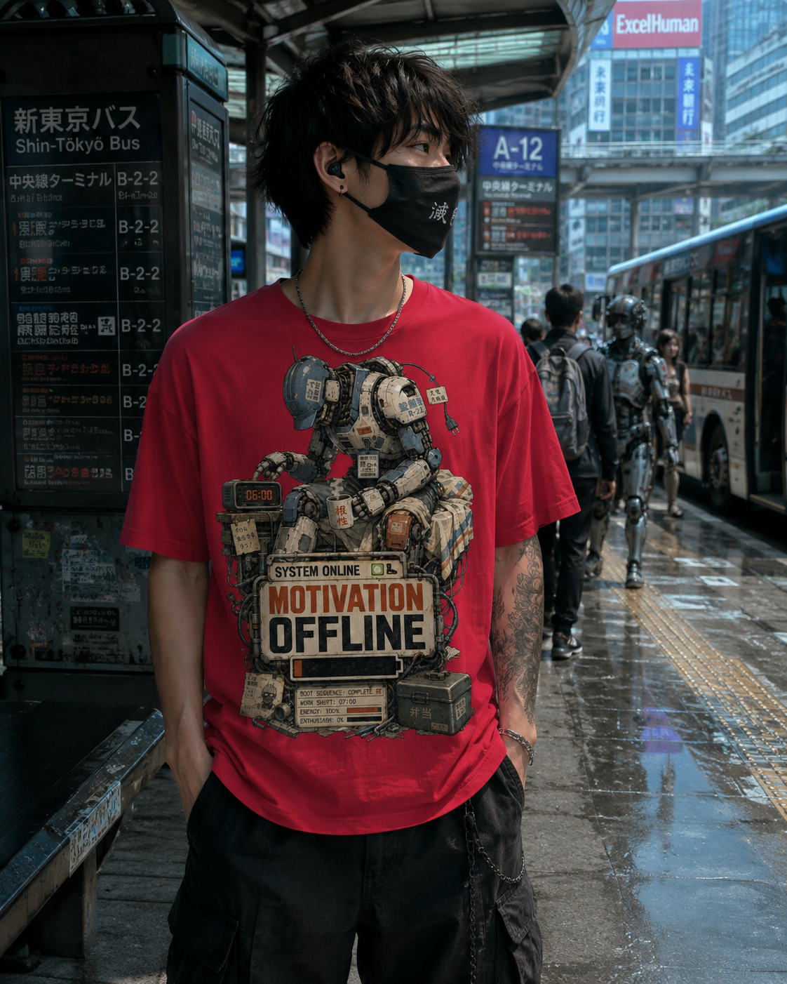 A man wearing a bright red graphic t-shirt with a sci-fi robot design and the text 'MOTIVATION OFFLINE' stands on a wet Tokyo bus stop platform. The background features a Tokyo Bay Pass sign, a bus, and other commuters.
