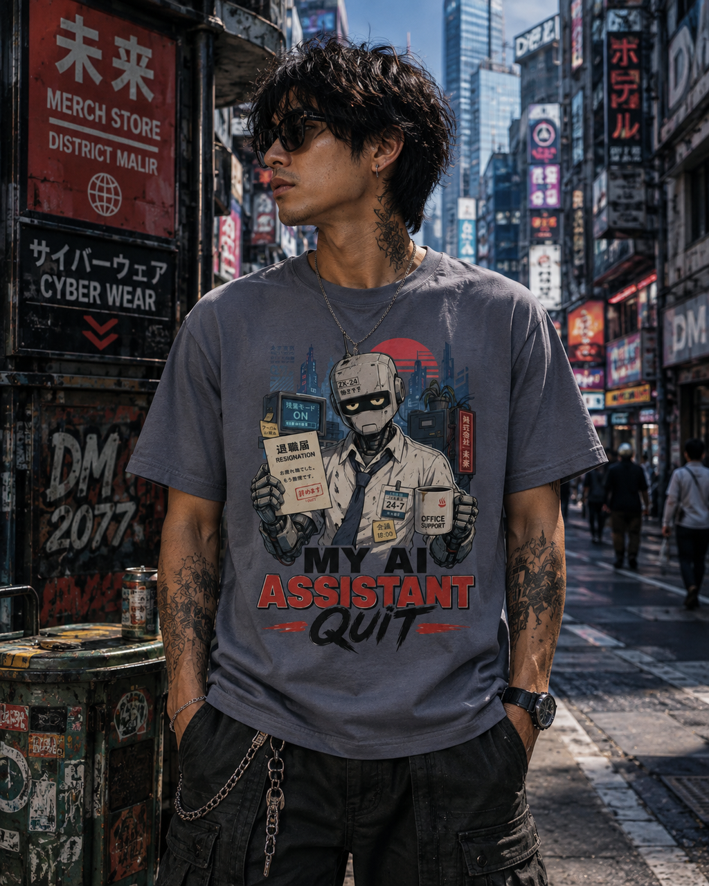 A man wearing a gray graphic t-shirt with a robot assistant design and the text 'MY AI ASSISTANT QUIT' stands on a busy city street with neon signs in the background.