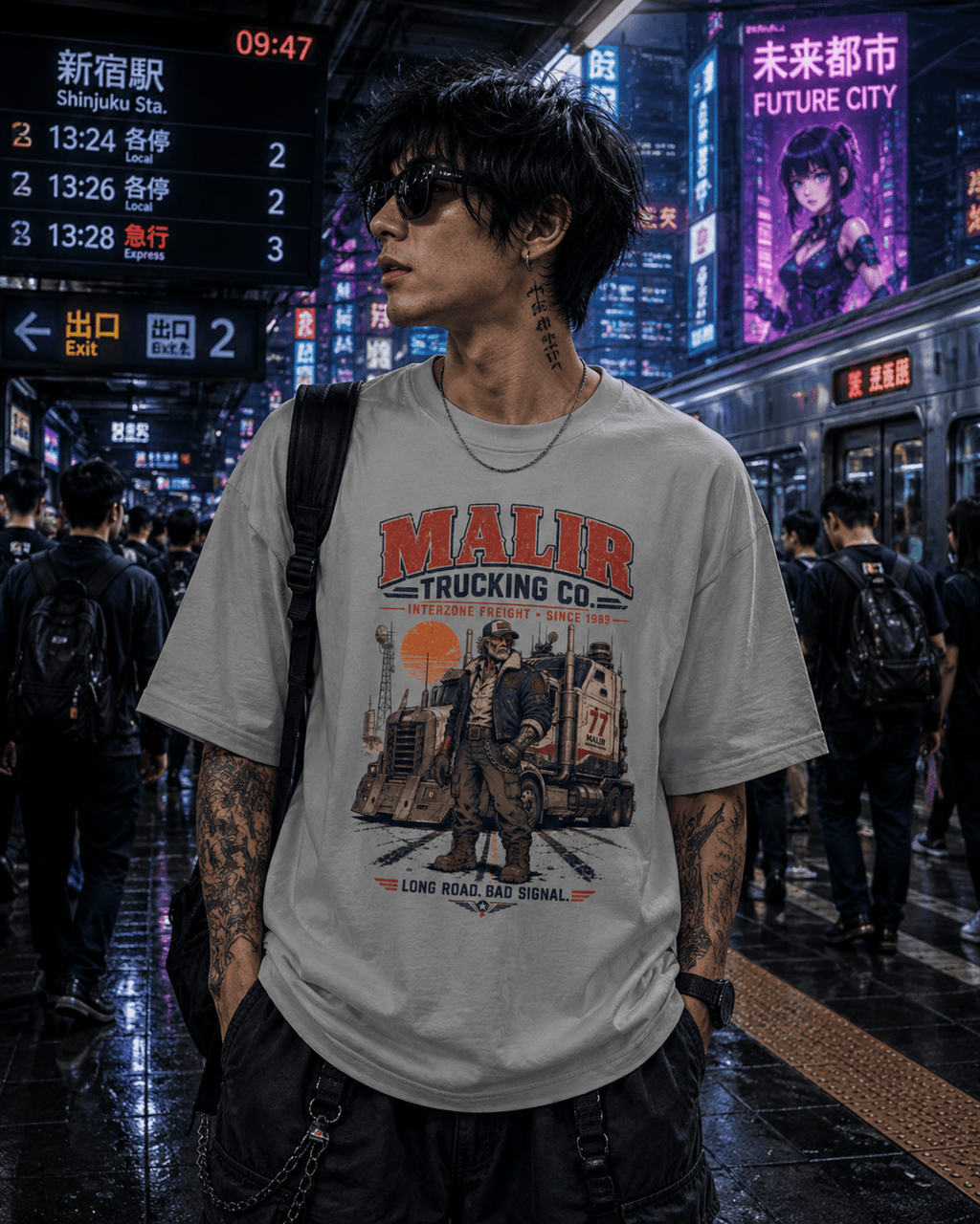 A man wearing a light gray graphic t-shirt with a 'Malir Trucking Co' print, standing in a busy, neon-lit Japanese street at night.