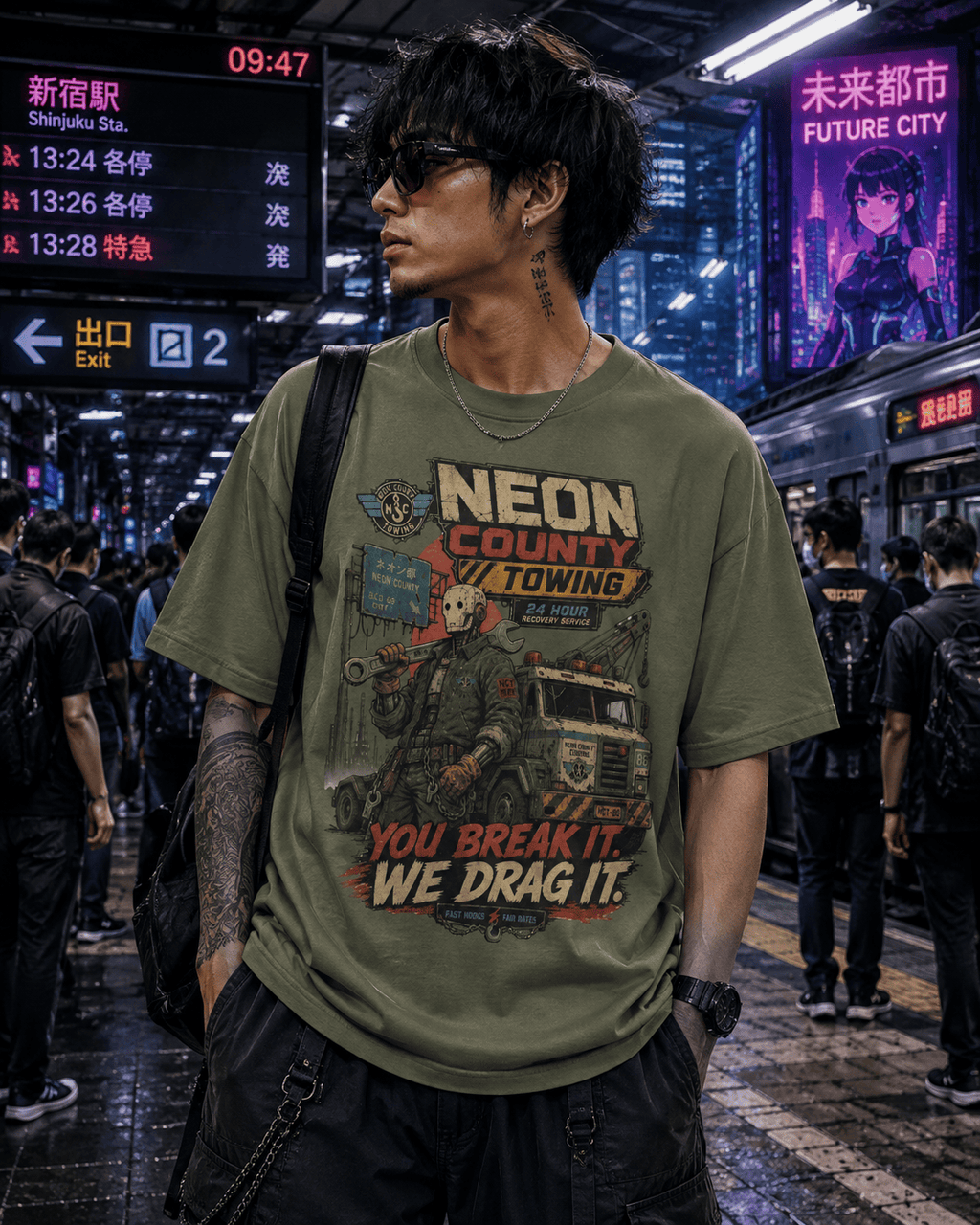 A man wearing an olive green graphic t-shirt with a 'Neon County Towing' print, standing in a busy, neon-lit urban station environment.