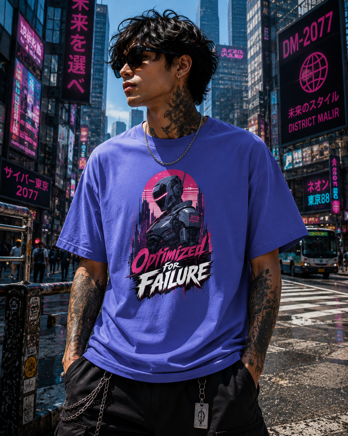 A man wearing a purple graphic t-shirt with a 'Optimized for Failure' design, standing in a busy, neon-lit city street.